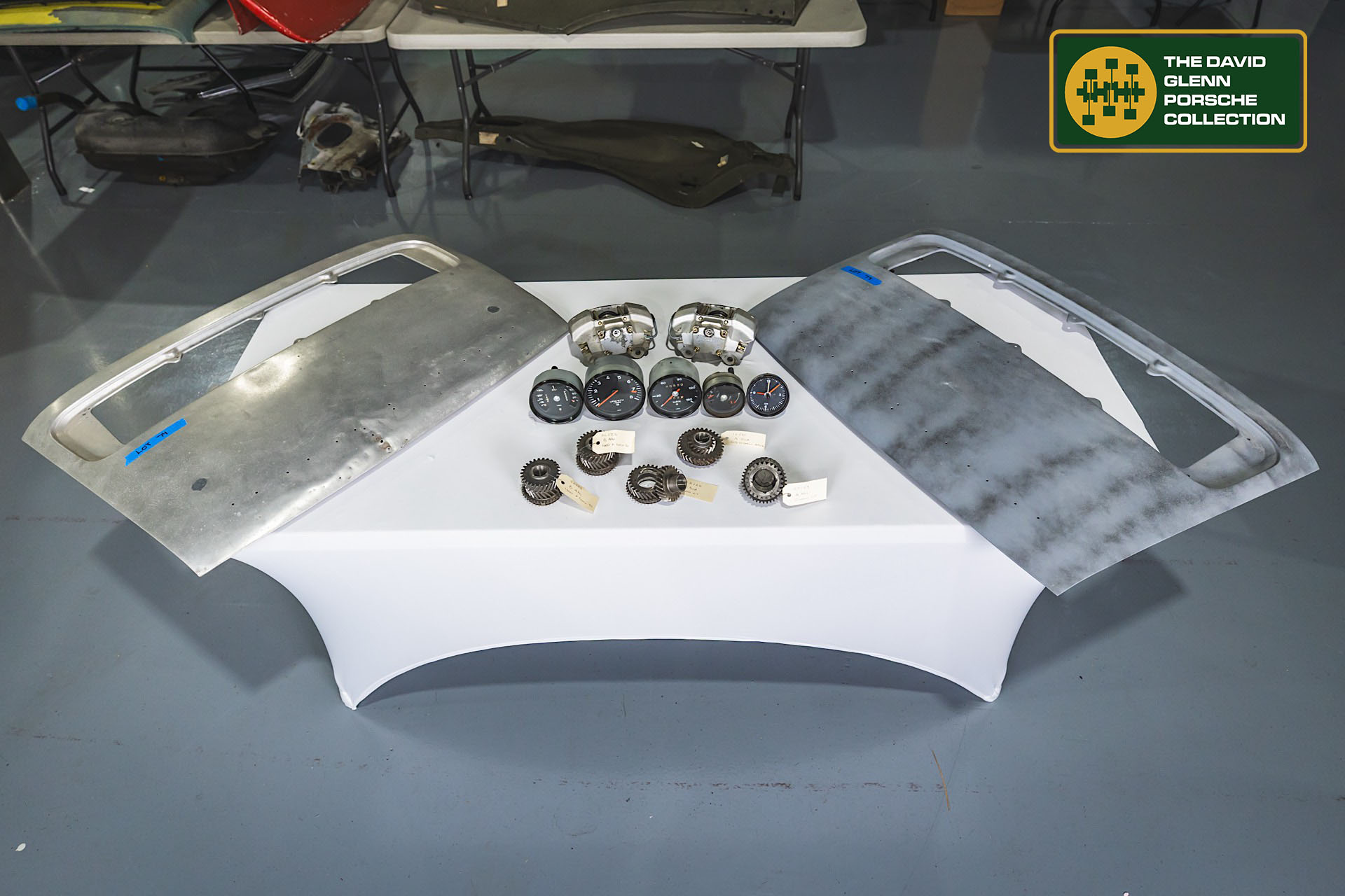 Porsche 911 Rare Parts including Two Factory Aluminium Decklids, H4 Euro Headlamps, Brake Calipers, and Gear Sets (Lot 74)              