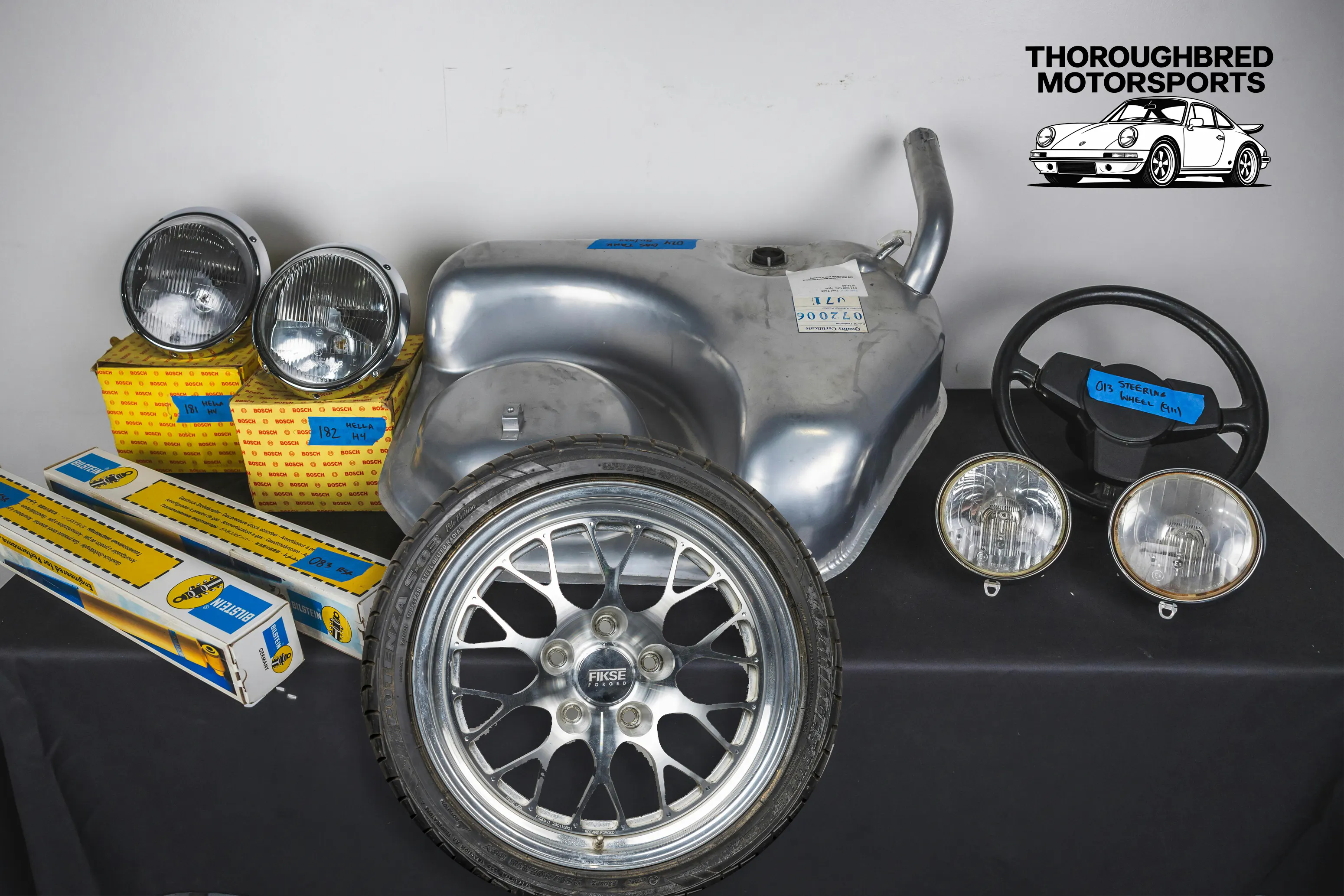 Fikse Wheels for Porsche, 911/930 Fuel Tank, 911 Steering Wheel, Bilstein Rear Shocks, Cibie Pallas Hood Lights, Hella H4 Headlamps (Lot 16)