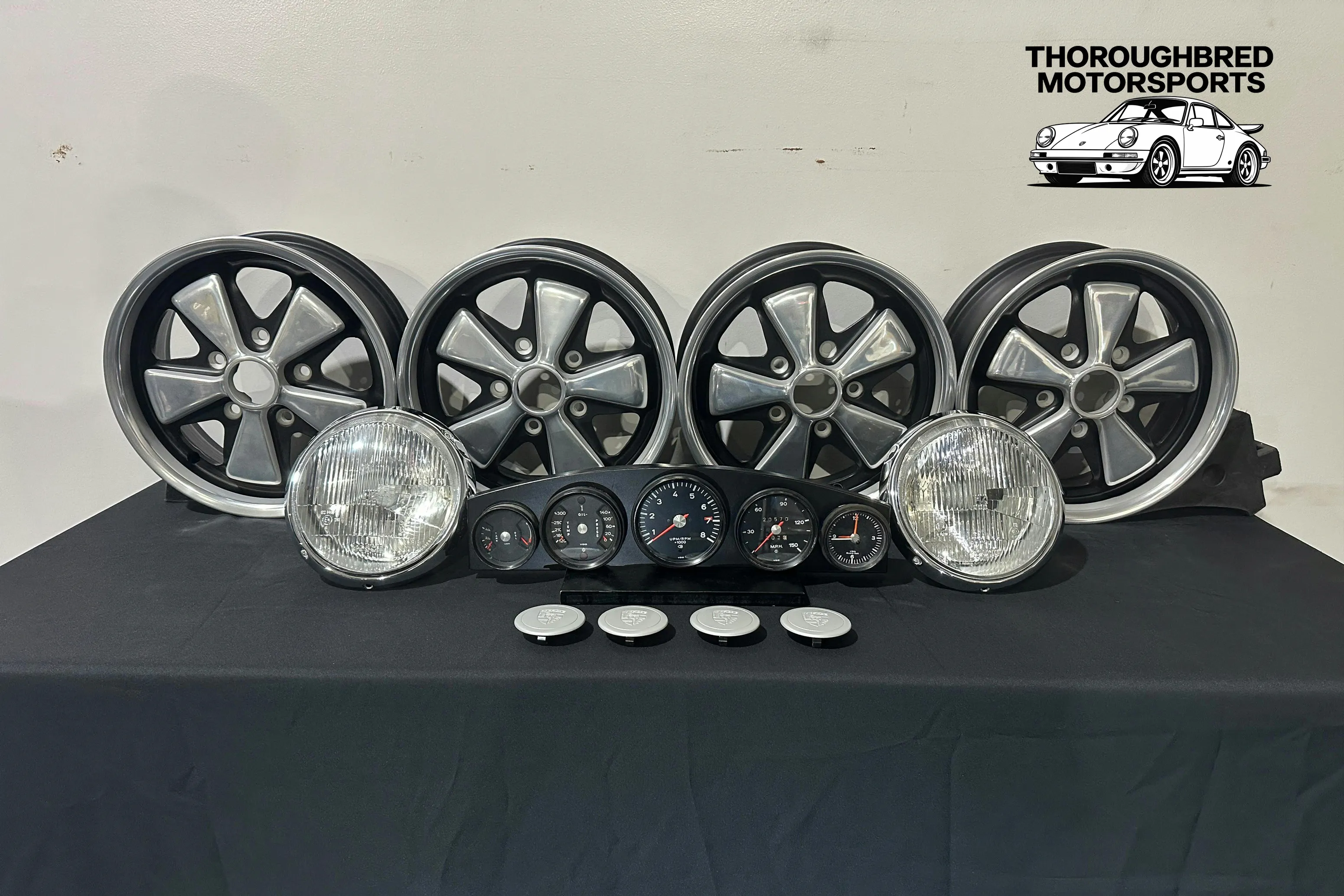 Porsche Fuchs Deep Six 6x15 w/Center Caps, Hella H4 Headlamps, 1973 Porsche 911 Gauge Set (Lot 36)