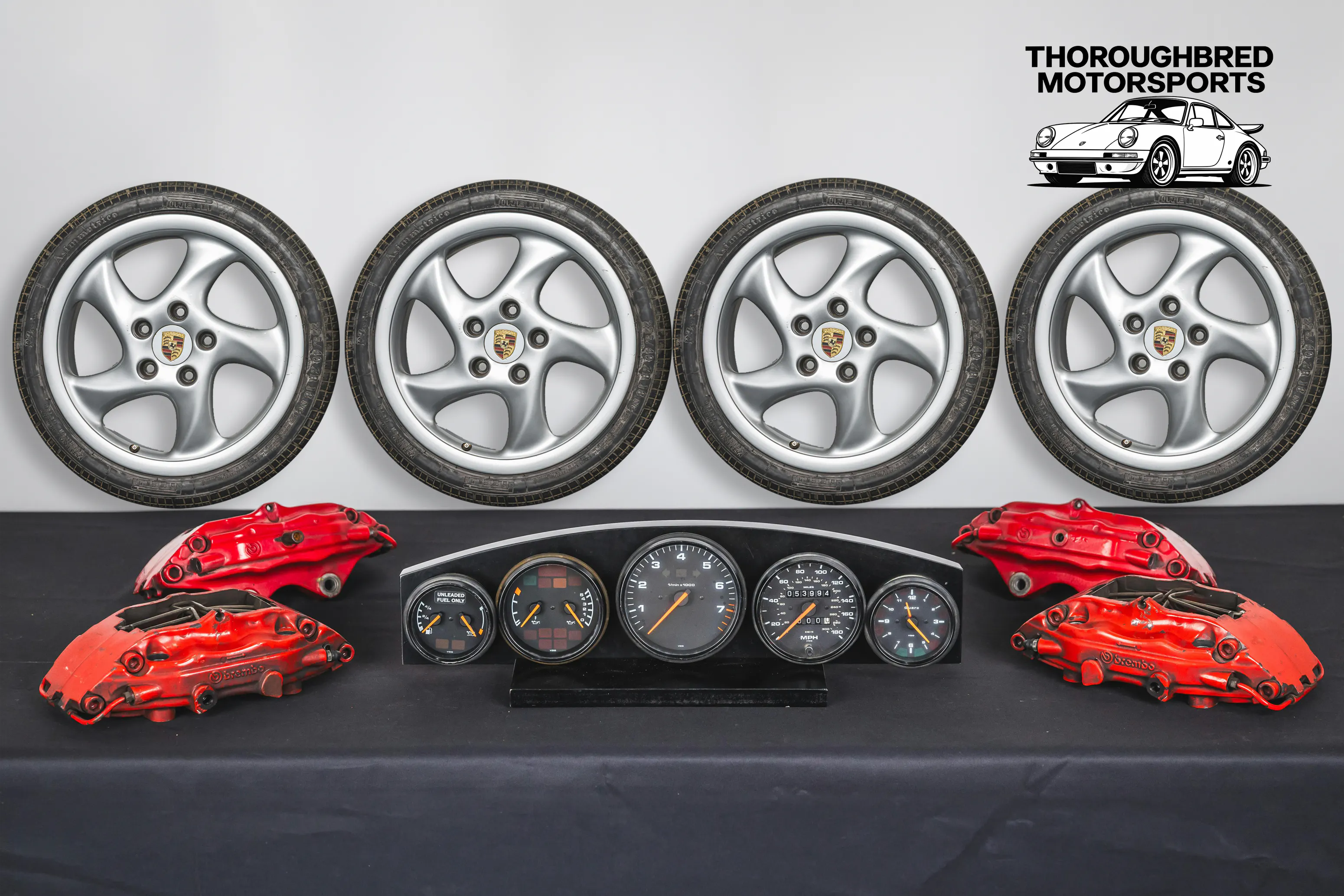 Porsche Turbo Twist Hollow Spoke Wheels 8x18/10x18, Big Red Calipers and 993 Gauge Set (Lot 86)